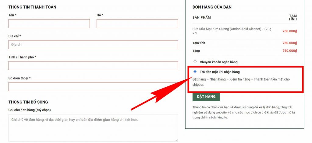 thanh toán tiền mặt khi nhận hàng